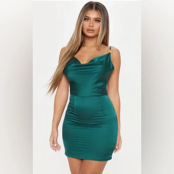 Women's Emerald Green Satin Cowl Neck Ring Detail Bodycon Dress - Size 12 Women's Emerald Green Satin Cowl Neck Ring Detail Bodycon Dress - Size 12
